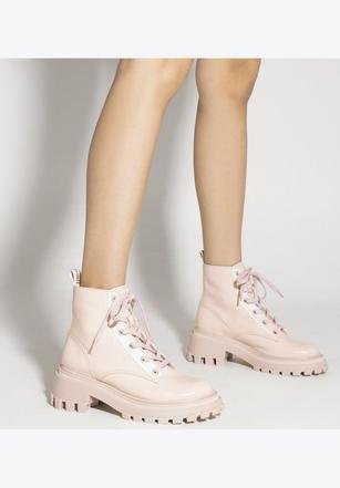 Bota Coturno Salto Bloco Tratorada Couro Rosa Clara