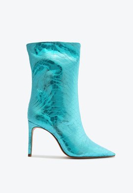 Bota Mary Cano Curto Couro Metalizada Azul