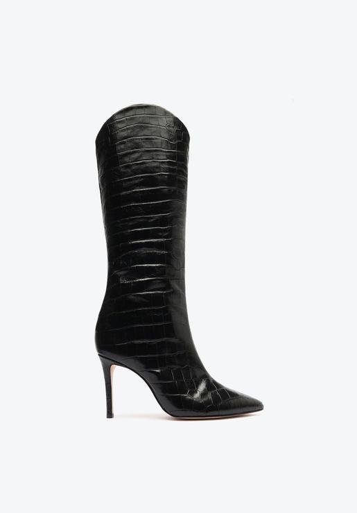 Bota Cano Longo Salto Maryana Couro Preta