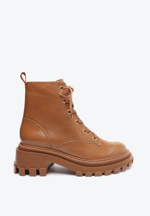 Bota Coturno Salto Bloco Tratorada Couro Marrom